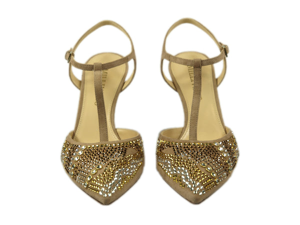 Milliways, Sling mit T-Riemchen aus taupefarbenem Veloursleder mit Strasssteinchen in kupfer, gold und silber