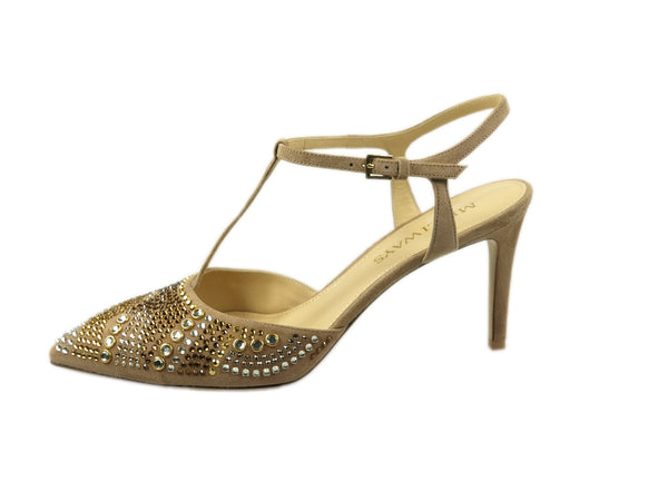 Milliways, Sling mit T-Riemchen aus taupefarbenem Veloursleder mit Strasssteinchen in kupfer, gold und silber