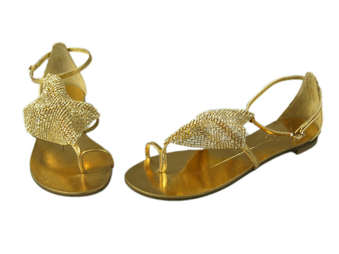 Lola Cruz, goldfarbene Sandalette mit strassbesetztem Netz über dem Spann