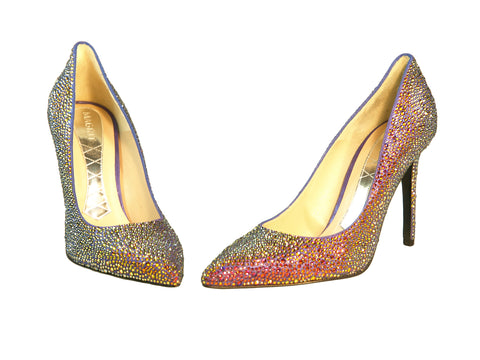 Magrit, spitzer Pumps aus blauem Leder mit schillernden Swarovski-Kristallen